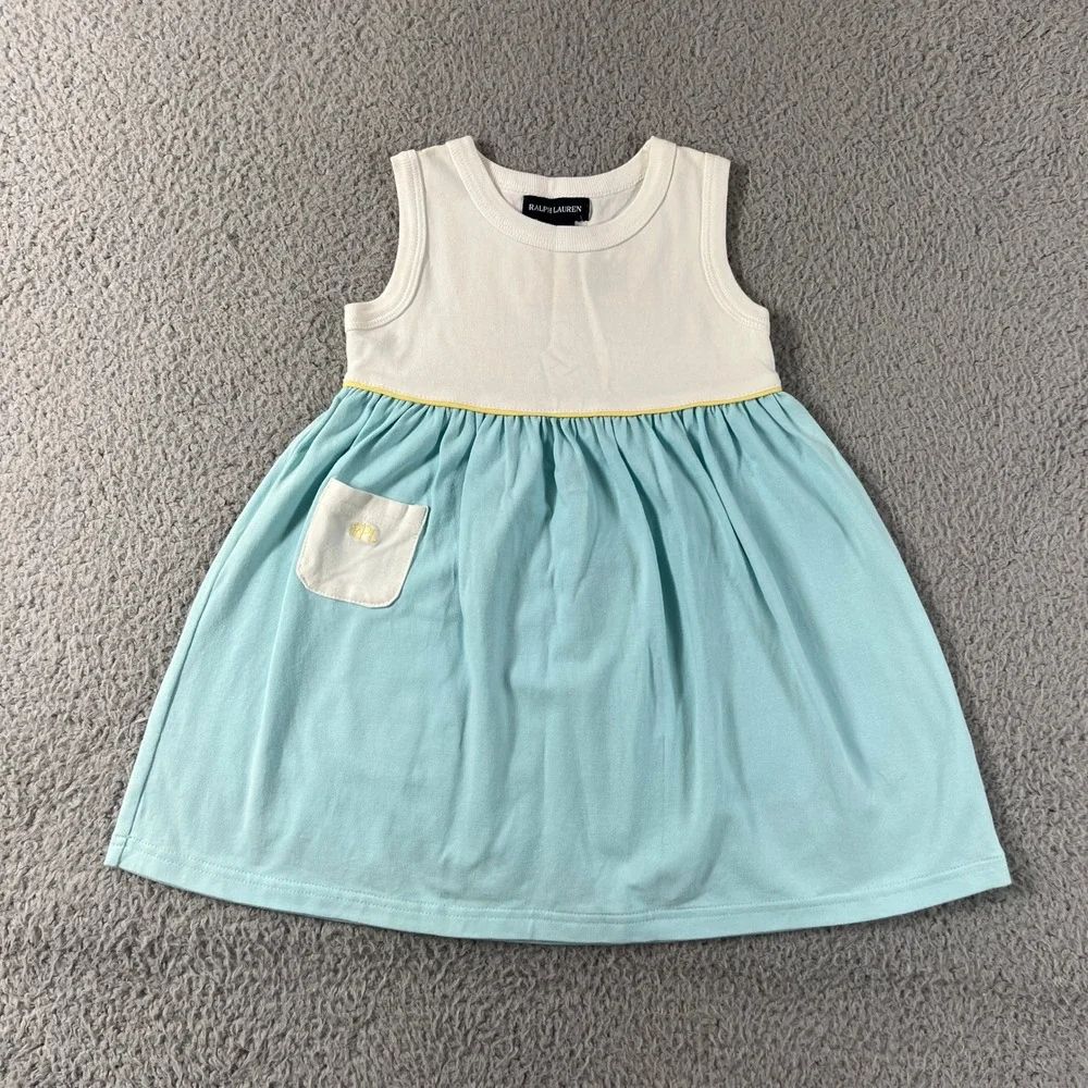 Ralph Lauren Dress Girls 3T Blue White Palm Beach Sleeveless Logo Pocket VTG NWT